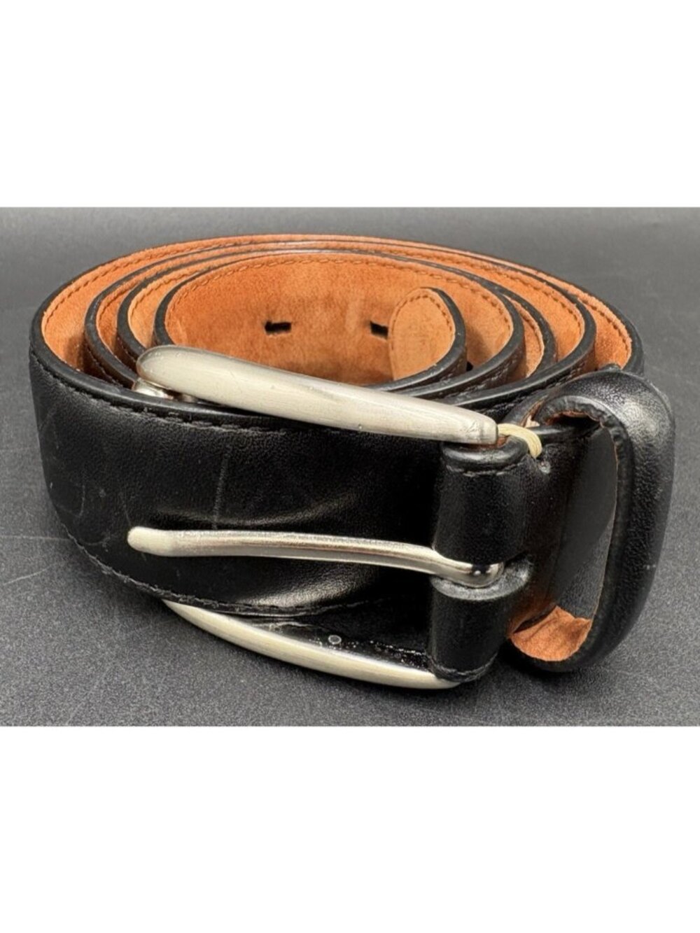 Cole Haan Black Leather Belt Sz 36/90 Solid Brass Silver-Tone Buckle EUC